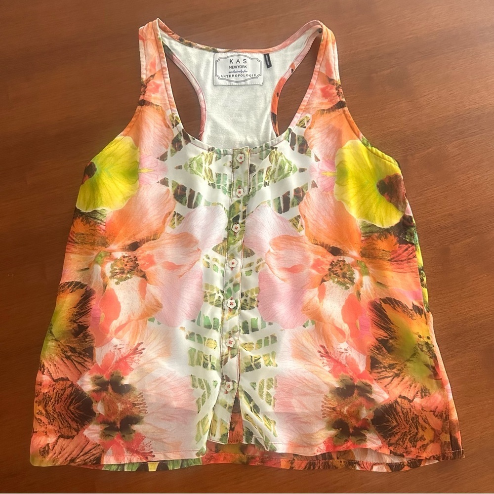Anthropologie KAS New York Women’s Pink Green Floral Button Tank Top Size Small - Picture 3 of 9